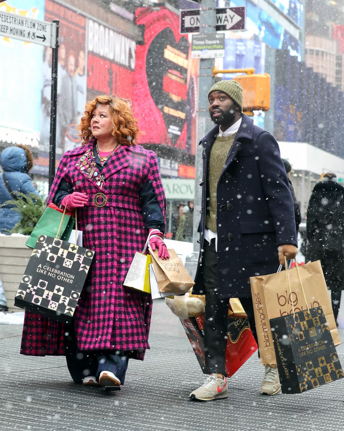 melissa mccarthy and paapa essiedu are seen on the set of bernard and the genie