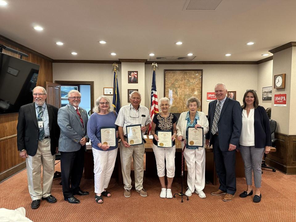 From left are Pike County Commissioners Tony Waldron and Matthew Osterberg; 2023 Voter Hall of Fame inductees Betty Reaggs, Robert Nied, Sandra Smith and Ella Eggenberger; Commissioner Ron Schmalzle; and Elections Director Nadeen Manzoni.