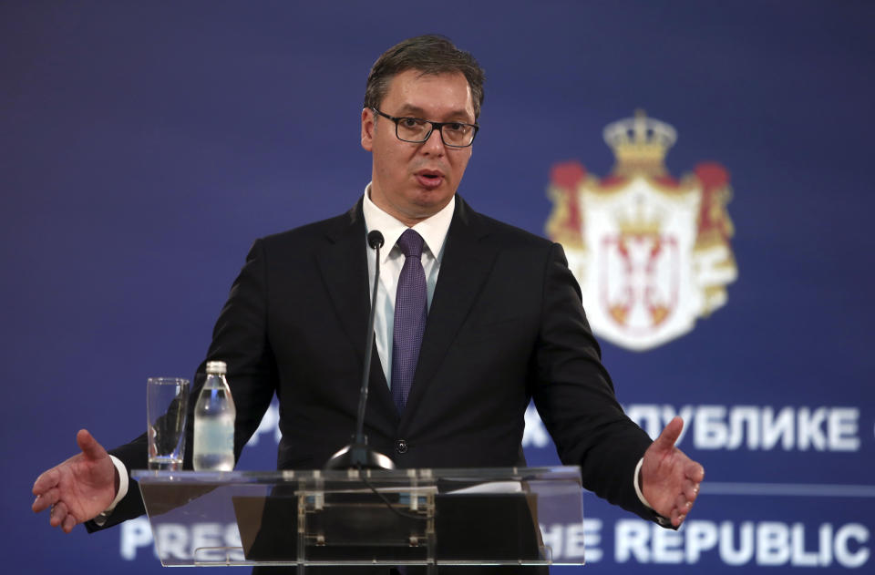 Serbia's President Aleksandar Vucic speaks during a press conference in Belgrade, Serbia, Friday, Sept. 7, 2018. Serbia's president refused to meet with his Kosovo counterpart at European Union-backed talks Friday, dashing hopes of an imminent improvement in long-strained relations between the two countries. (AP Photo)