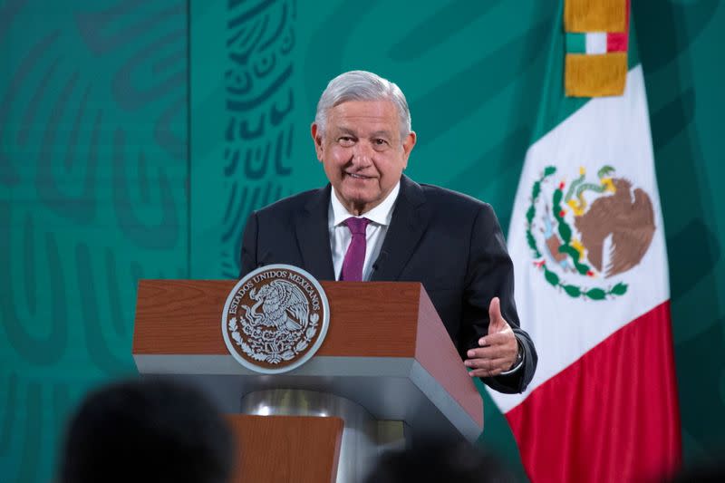 Mexican President Andres Manuel Lopez Obrador speaks during a news conference at the National Palace in Mexico City