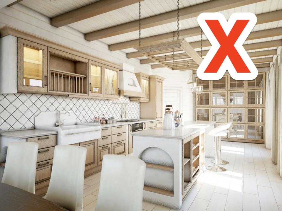 x over photo of a modern farmhouse style kitchen with white and light wood accents