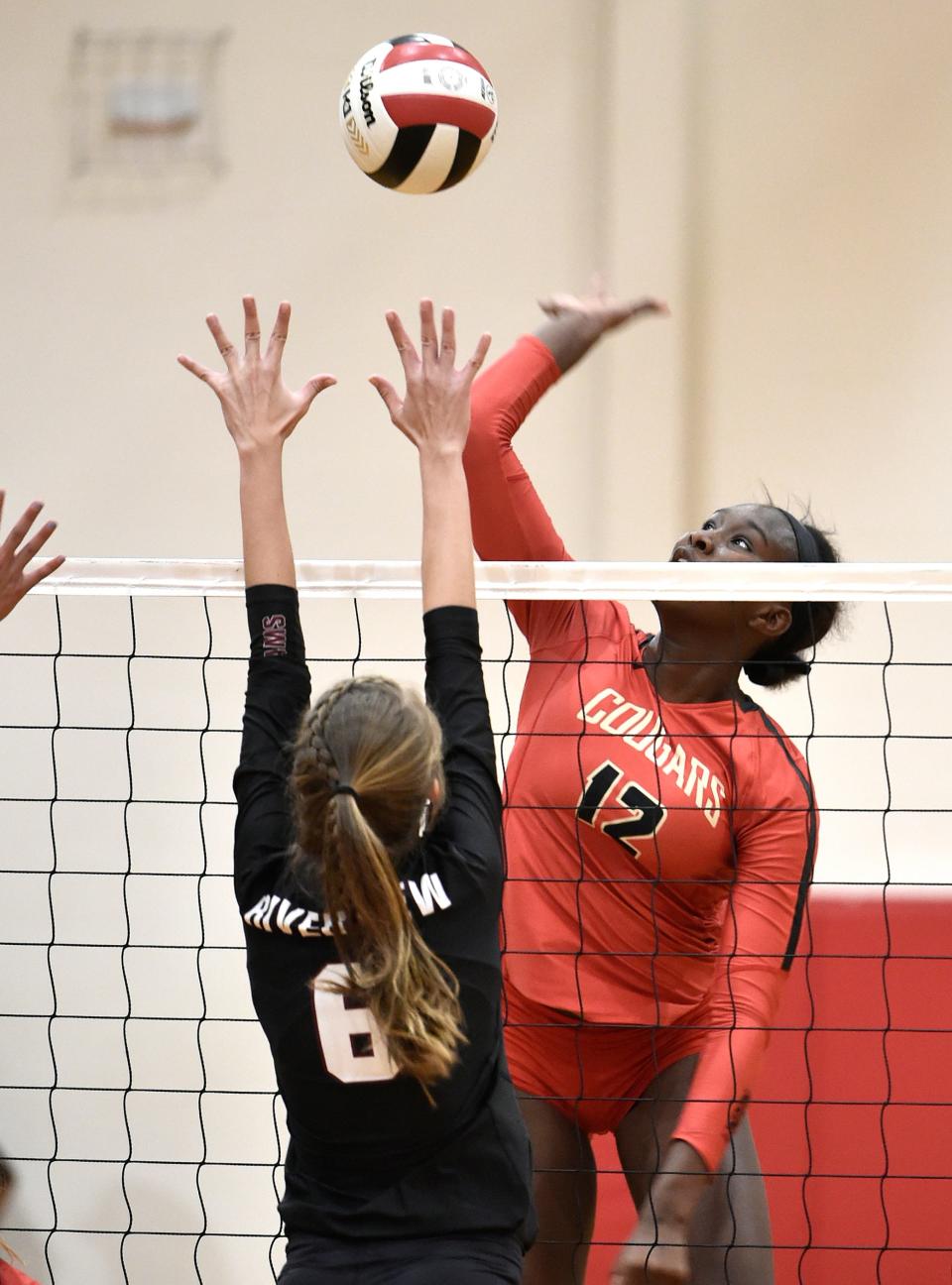 Cardinal Mooney Catholic High volleyball player Jordyn Byrd, seen in action against Riverview High, is the Florida Gatorade Volleyball Player of the Year for the second straight year.