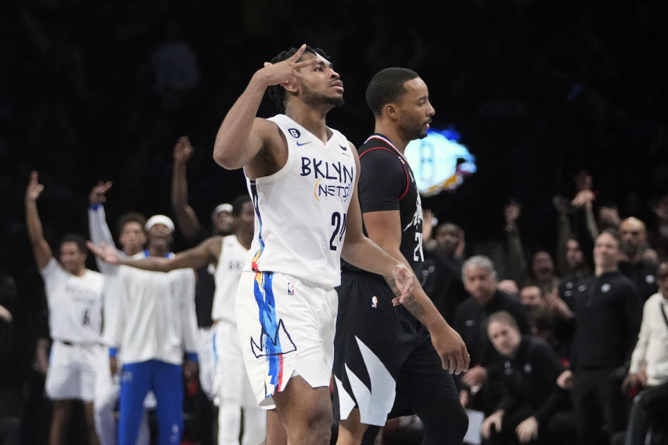 Brooklyn Nets' Cam Thomas (24) celebrates after making a 3-point shot during the second half of an NBA basketball game against the Los Angeles Clippers, Monday, Feb. 6, 2023, in New York. The Clippers won 124-116. (AP Photo/Frank Franklin II)