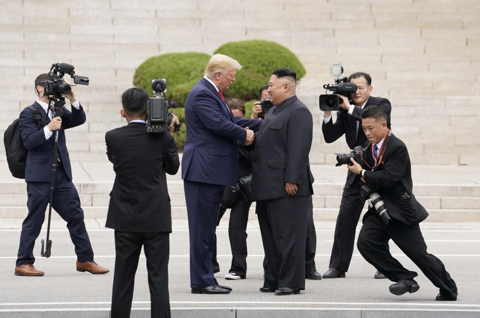 President Donald Trump meets with North Korean leader Kim Jong Un at the demilitarized zone separating the two Koreas, in Panmunjom, South Korea, June 30, 2019. (Kevin Lamarque/Reuters)