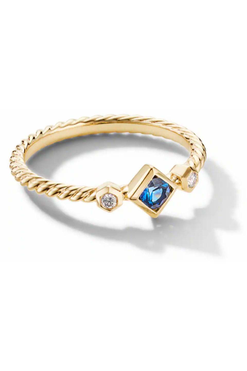 Petite Princess Cut Ring in 18K Yellow Gold with Sapphire and Diamonds