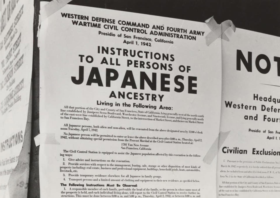 <div class="inline-image__caption"><p>An Exclusion Order posted at First and Front Streets directing removal of persons of Japanese ancestry from San Francisco, California.</p></div> <div class="inline-image__credit">War Relocation Authority</div>