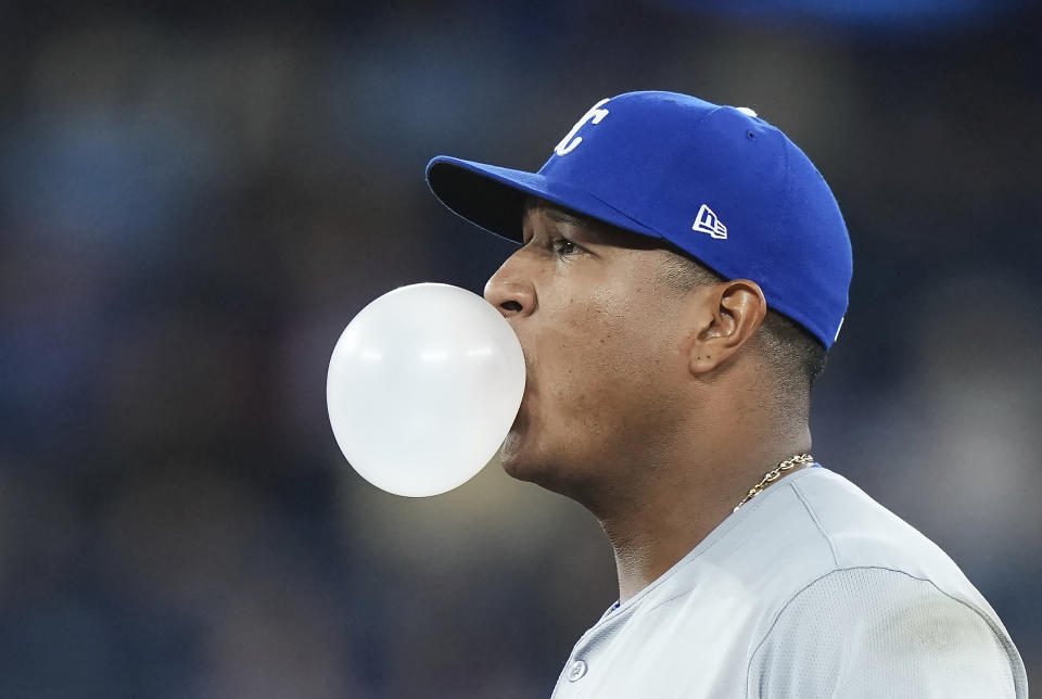 Kansas City Royals' Salvador Perez blows a bubble with his gum while playing against the Toronto Blue Jays during the ninth inning of a baseball game, Tuesday, April 30, 2024 in Toronto.(Nathan Denette/The Canadian Press via AP)
