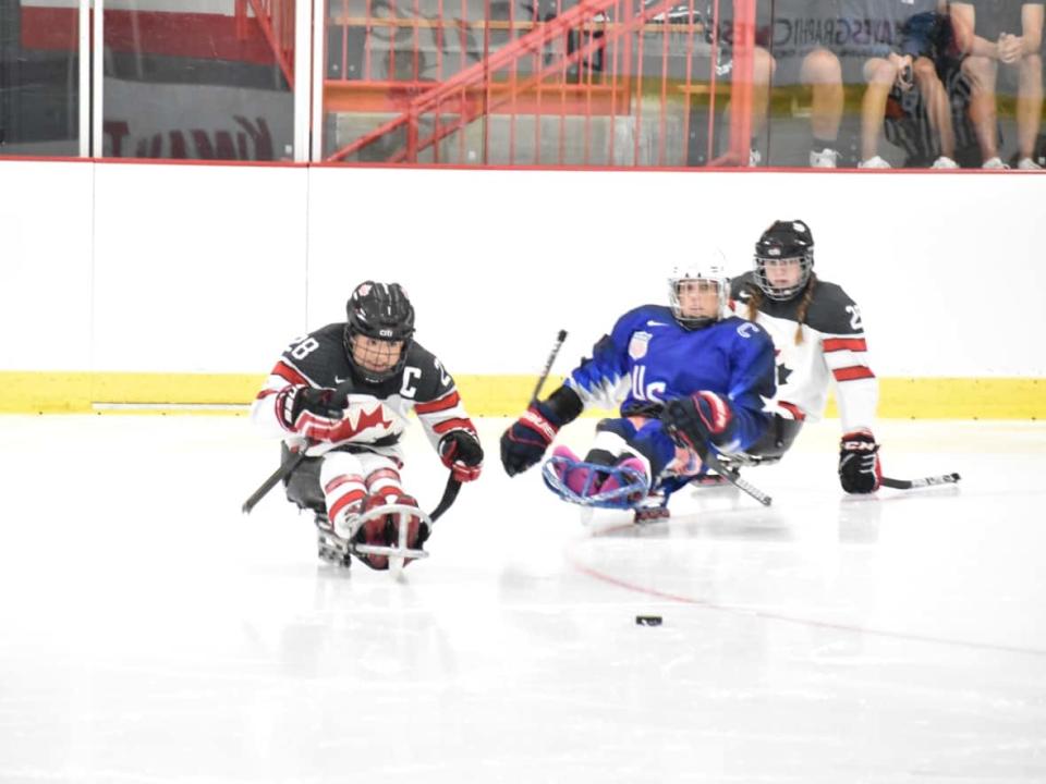 Canada's women's Para hockey team, seen during round-robin play on Friday, fell to the United States in the gold-medal final on Sunday at the inaugural Para Ice Hockey Women's World Challenge&nbsp;in Green Bay, Wis. (International Paralympic Committee - image credit)