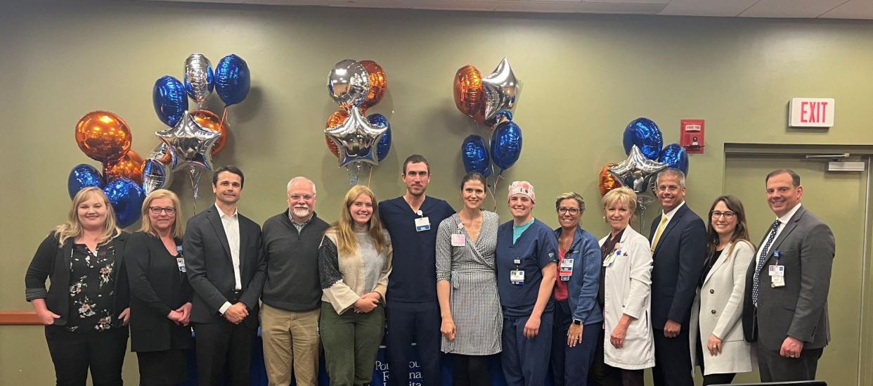 The Portsmouth Regional Hospital Awards of Distinction winners for 2022, presented on May 2, 2023, from left:  Mark Mailloux, Frist Humanitarian Award – Employee; Jillian Richmond, Frist Humanitarian Award – Volunteer; Graham Phelps, RN,  Nursing Excellence – Compassionate Care; Caroline Scoones, MD, Frist Humanitarian Award – Physician; Chelsie Portlock, RN, Nurse of the Year; Rebecca Cain, RN, Colleague of the Year; and Donna Marie Everett, RN, Nursing Excellence – Professional Mentoring.