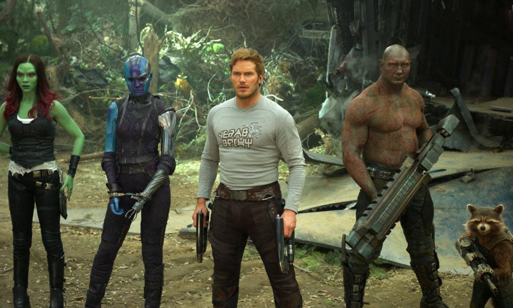 From left, Zoe Saldana, Karen Gillan, Chris Pratt, Dave Bautista and Rocket, voiced by Bradley Cooper, in Guardians of the Galaxy Vol 2.