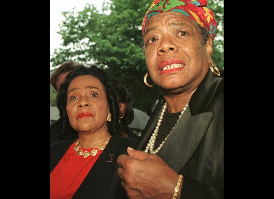 Coretta Scott-King, who is the widow of slain civil rights leader Martin Luther King Jr., and Maya Angelou speak to members of the media in the Bronx, New York. 