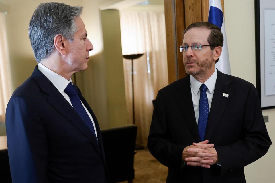 PHOTO: U.S. Secretary of State Antony Blinken, left, speaks with Israeli President Isaac Herzog, in Tel Aviv, Israel, Nov. 3, 2023. (Jonathan Ernst/Pool Photo via AP)