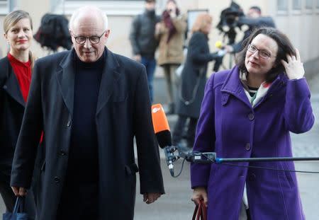 Volker Kauder of the Christian Democratic Union (CDU) and Social Democratic Party (SPD) parliamentary group leader Andrea Nahles arrive for talks to discuss forming a government with the Christian Social Union (CSU) and Christian Democratic Union (CDU) in Berlin, Germany, January 3, 2018. REUTERS/Hannibal Hanschke