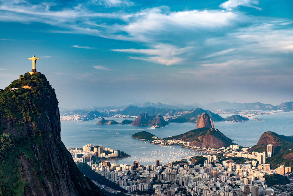 Rio de Janeiro, seen from the air, with the Cristo Redentor statue at left