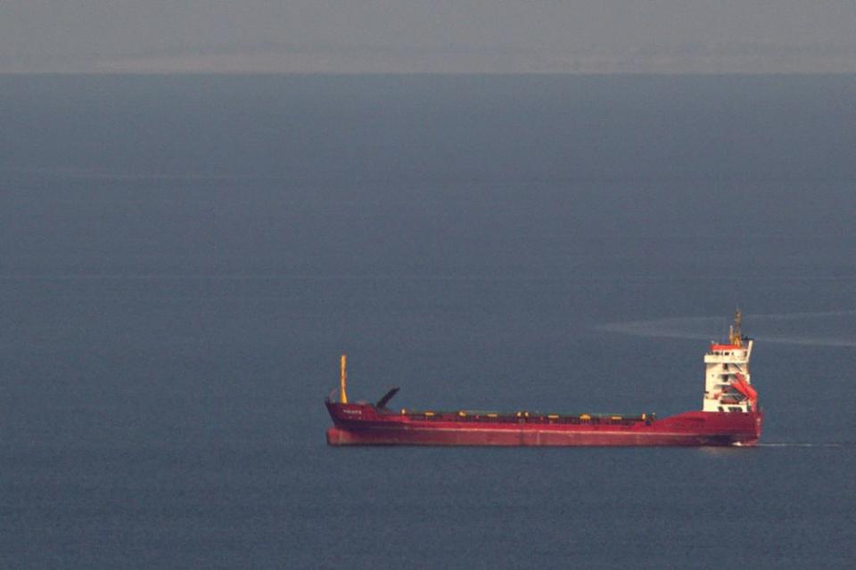 The bulk carrier Maranta, under the flag of Cameroon, floats to collect grain from one of the ports of Odesa region on Oct, 3, 2023. (STR/AFP via Getty Images)