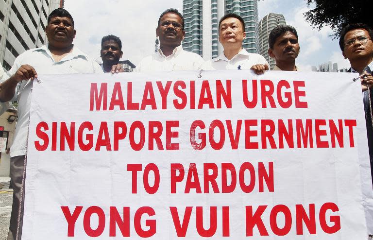 In this file photo, Malaysian protesters are seen gathering outside Singapore High Commission in Kuala Lumpur, on August 26, 2010, as they urge the neighbouring country's government to pardon Yong Vui Kong