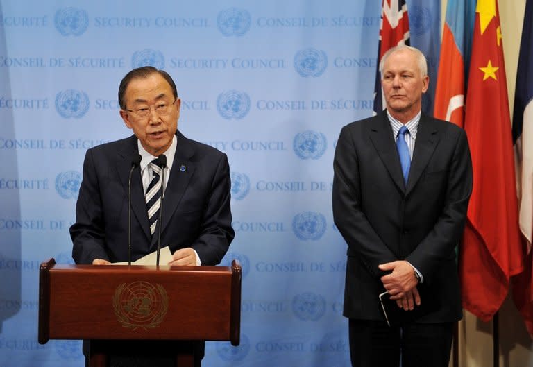 United Nations Secretary General Ban Ki-Moon (L) speaks to the media with UN chief weapons inspector Ake Sellstrom (R) after briefing the Security Council on the weapons inspectors report on chemical weapons in Syria on September 16, 2013 at UN headquarters in New York