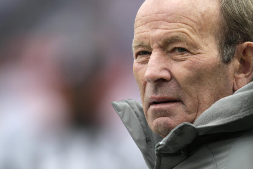 In this Nov. 28, 2010, photo, Denver Broncos owner Pat Bowlen looks on prior to the start of an NFL football game between the St. Louis Rams and the Denver Broncos, in Denver. Denver Broncos owner Bowlen dies at age 75, family says in statement released by team.(AP Photo/Joe Mahoney, File)