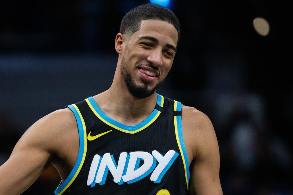 Dec 20, 2023; Indianapolis, Indiana, USA; Indiana Pacers guard Tyrese Haliburton (0) in the second half against the Charlotte Hornets at Gainbridge Fieldhouse. Mandatory Credit: Trevor Ruszkowski-USA TODAY Sports