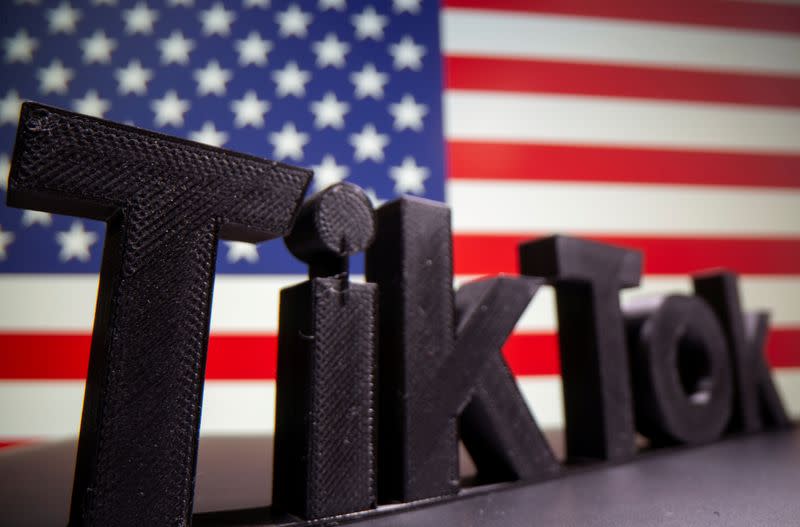 FILE PHOTO: A 3D printed Tik Tok logo is seen in front of U.S. flag in this illustration