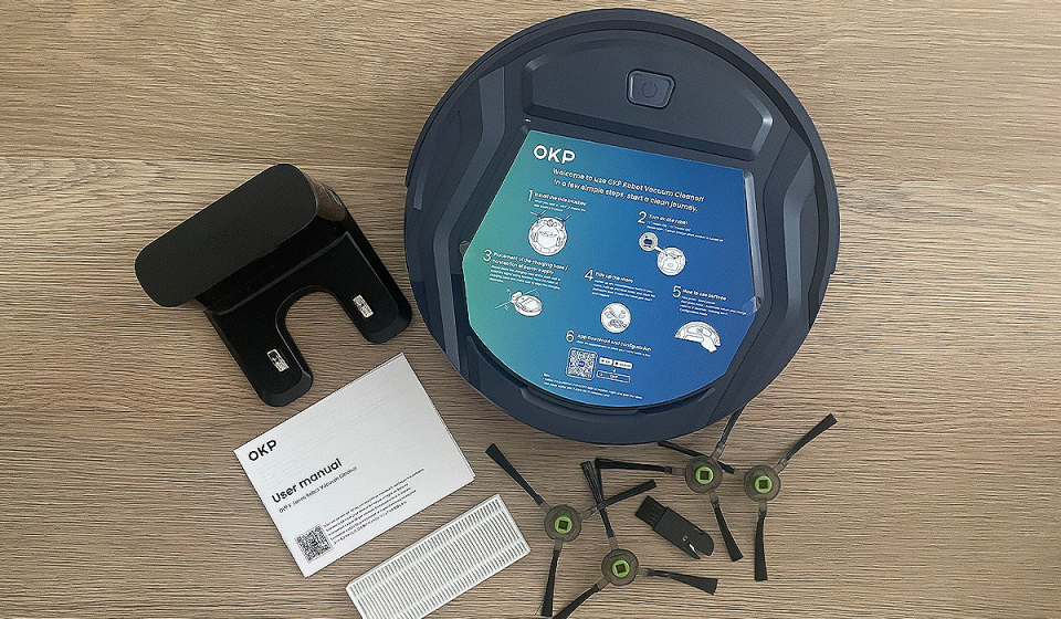 The OKP K2 Robot Vacuum is shown with instructions and accessories.