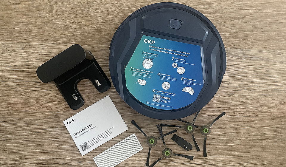 OKP K2 Robot Vacuum Cleaner shown with instructions and accessories.