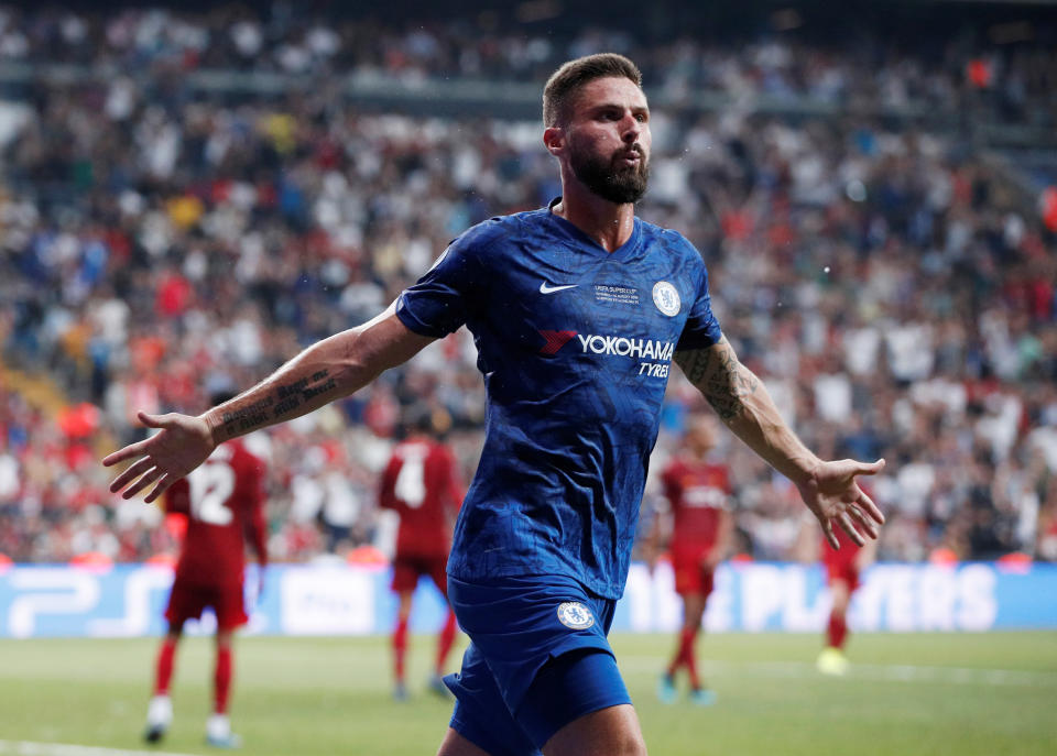 Soccer Football - UEFA Super Cup - Liverpool v Chelsea - Vodafone Arena, Istanbul, Turkey - August 14, 2019  Chelsea's Olivier Giroud celebrates scoring their first goal   Action Images via Reuters/John Sibley