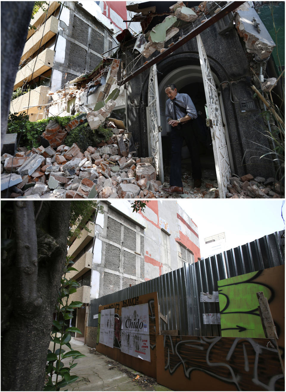 This photo combination shows the site at Amsterdam 25 where a building collapsed in last year's 7.1 magnitude earthquake, immediately after the quake on Sept. 19, 2017, top, and one year later, on Sept. 18, 2018, in Mexico City. The slow pace of demolition, let alone rebuilding, is frustrating both to those who lost their homes and to those left living amid shattered eyesores that look like they could collapse at any time onto sidewalks and streets still cordoned off after the 2017 quake. (AP Photos/Marco Ugarte, Rebecca Blackwell)