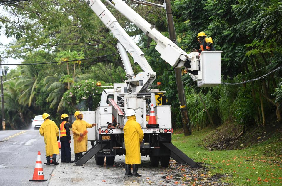 Guam power authority personnel conduct tree trimming operations to clear branches away from power lines, near the Veterans Sons & Daughters Pier Park in Malesso, Guam (he Pacific Daily via AP)