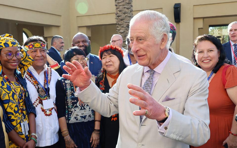 King Charles III talks to representatives at the Commonwealth and Nature reception during COP28