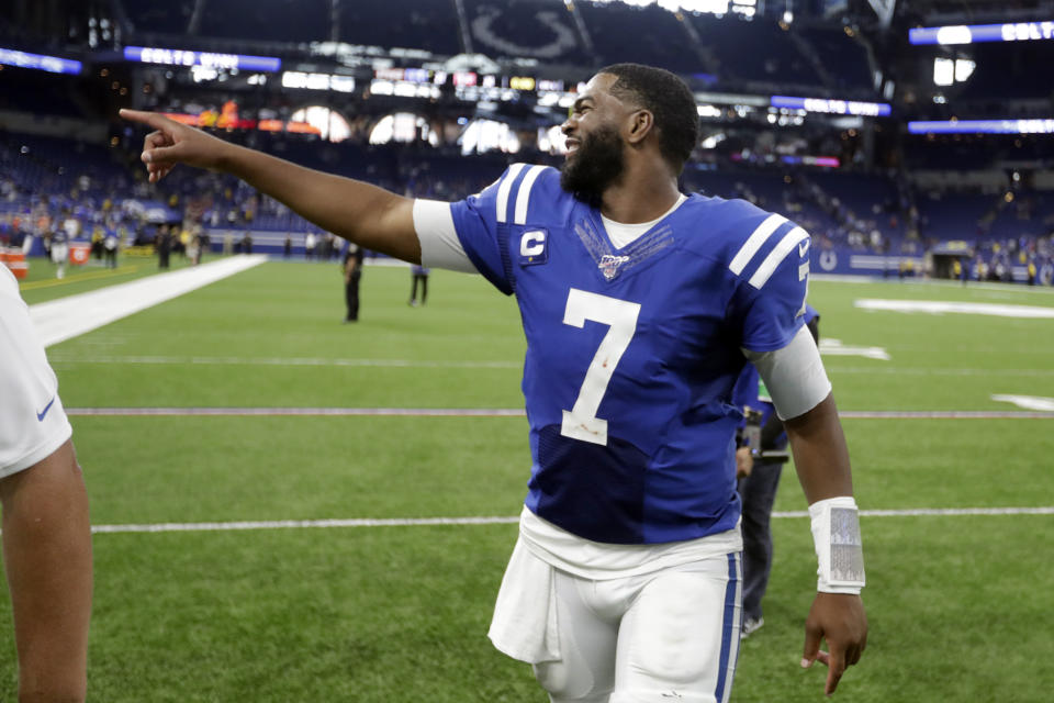 Indianapolis Colts quarterback Jacoby Brissett points to fans following an NFL football game against the Atlanta Falcons, Sunday, Sept. 22, 2019, in Indianapolis. Indianapolis won 27-24. (AP Photo/Michael Conroy)