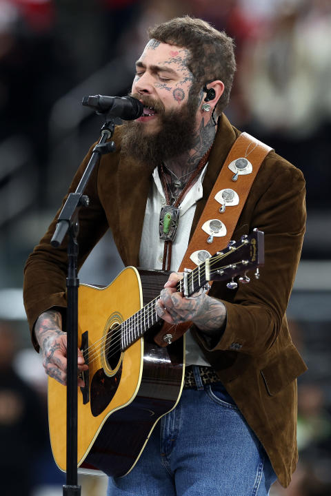 LAS VEGAS, NEVADA - FEBRUARY 11: American rapper and singer Post Malone performs prior to Super Bowl LVIII between the San Francisco 49ers and Kansas City Chiefs at Allegiant Stadium on February 11, 2024 in Las Vegas, Nevada. (Photo by Jamie Squire/Getty Images)