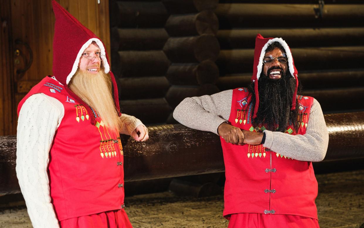 Rob Beckett and Romesh Ranganathan dressed as Santa's elves in Lapland