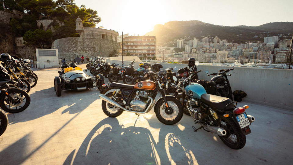 Motorcycles that were part of the 2022 Great Malle Mountain Rally are parked near the finish in Monaco.