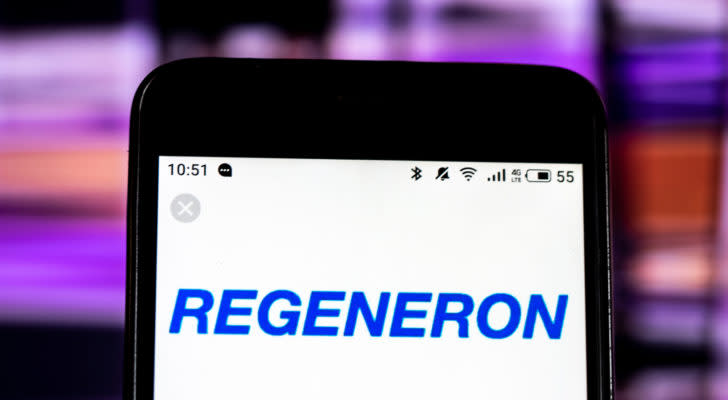 REGN stock, Regeneron's logo on a phone