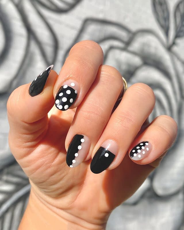 <p>If you've advanced past the newbie stage, try this look that uses spots and dots in an interesting way for<strong> a modern take on the classic polka dot print</strong>. <a href="https://www.cosmopolitan.com/style-beauty/beauty/advice/a6317/nail-art-hacks/" rel="nofollow noopener" target="_blank" data-ylk="slk:Nail-art hack;elm:context_link;itc:0;sec:content-canvas" class="link ">Nail-art hack</a>: Use the tip of a <a href="https://www.amazon.com/Conair-Color-Match-Bobby-Black/dp/B005GMY26K" rel="nofollow noopener" target="_blank" data-ylk="slk:bobby pin;elm:context_link;itc:0;sec:content-canvas" class="link ">bobby pin</a> to get the perfect dots each time.</p><p><a href="https://www.instagram.com/p/B_oJzzHFoC9/?utm_source=ig_embed&utm_campaign=loading" rel="nofollow noopener" target="_blank" data-ylk="slk:See the original post on Instagram;elm:context_link;itc:0;sec:content-canvas" class="link ">See the original post on Instagram</a></p>