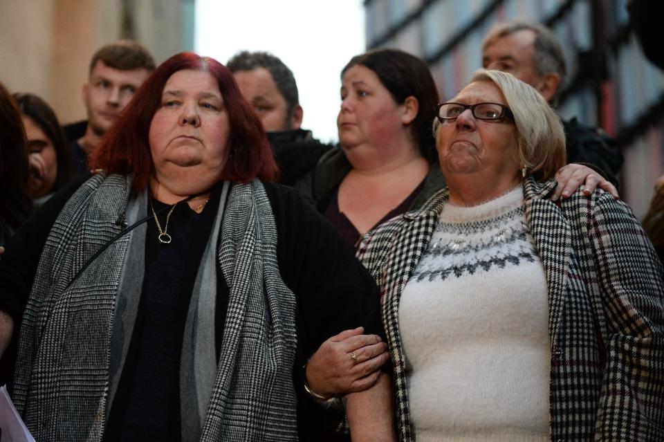 Michelle Hadaway, the mother of Karen Hadaway (left) and Sue Eismann the mother of Nicola Fellows, outside the Old Bailey in London after paedophile Russell Bishop was found guilty of the Babes in the Woods murders, ending the two families’ 32-year fight for justice. (PA)