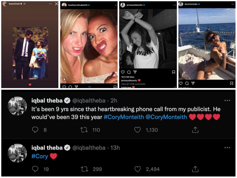 Tributes to Cory Monteith and Naya Rivera (Twitter/Instagram screenshots)