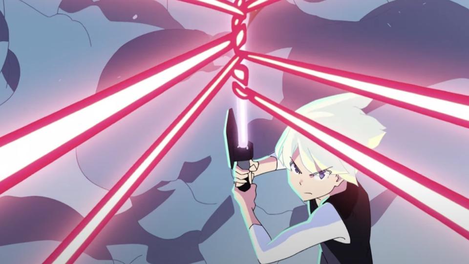 An anime of a young blonde haired boy holding up a lightsaber that has red Sith beams wrapped around it
