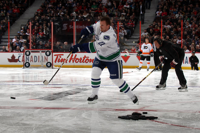 OTTAWA, ON - JANUARY 28: Daniel Sedin #22 of the Vancouver Canucks and Team Alfredsson takes a shot during the G Series NHL Skills Challenge Relay part of the 2012 Molson Canadian NHL All-Star Skills Competition at Scotiabank Place on January 28, 2012 in Ottawa, Ontario, Canada. (Photo by Bruce Bennett/Getty Images)