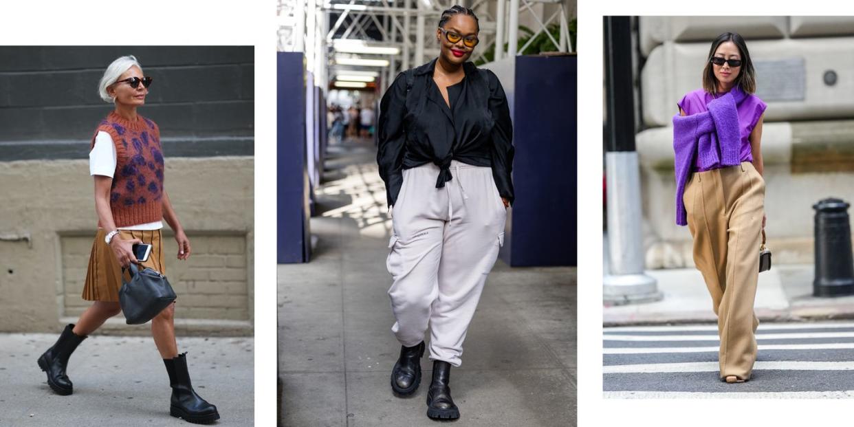 a collage of three women in street style in a roundup of transitional weather essentials 2022