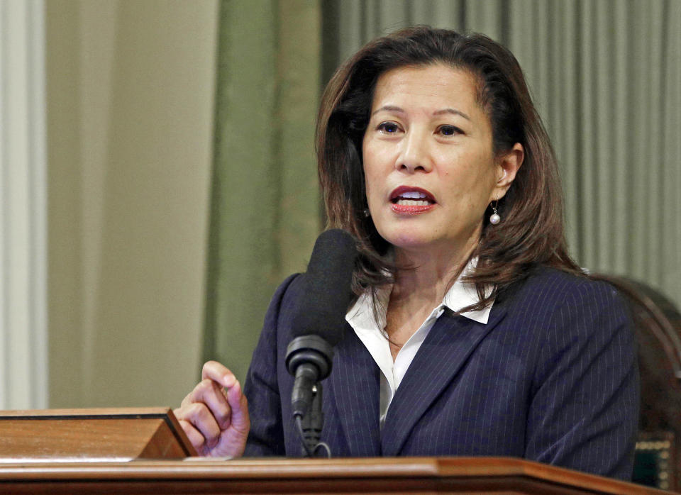 FILE - In this March 23, 2015 file photo, California Supreme Court Chief Justice Tani Cantil-Sakauye delivers her State of the Judiciary address before a joint session of the Legislature at the Capitol in Sacramento, Calif. California's Supreme Court rejected a state law that would have required President Donald Trump to disclose his tax returns to appear as a candidate in the state's primary election next spring. The justices on Thursday said the law that would have required tax returns for all presidential and gubernatorial candidates to appear on the primary ballot was unconstitutional. A federal judge had temporarily blocked the state law in response to a different lawsuit. (AP Photo/Rich Pedroncelli, File)