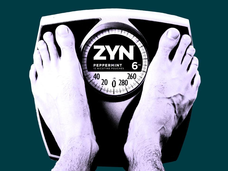 Feet on a scale that reads "Zyn."