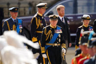 <p>(left to right) The Prince of Wales, King Charles III, the Duke of Sussex and the Princess Royal leaving the State Funeral of Queen Elizabeth II, held at Westminster Abbey, London. Picture date: Monday September 19, 2022. (Photo by Peter Byrne/PA Images via Getty Images)</p> 