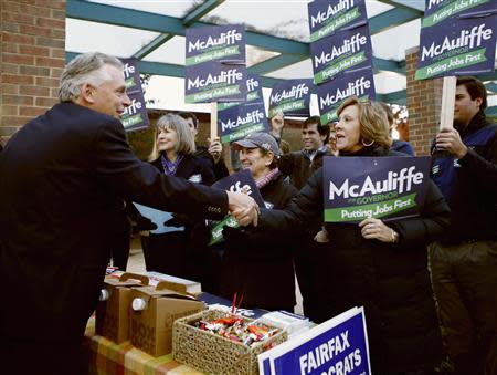 Virginia Democrat gubernatorial candidate Terry McAuliffe (L) greets campaign workers, after voting, outside Spring Hill Elementary School in McLean, Virginia November 5, 2013. REUTERS/Kevin Lamarque