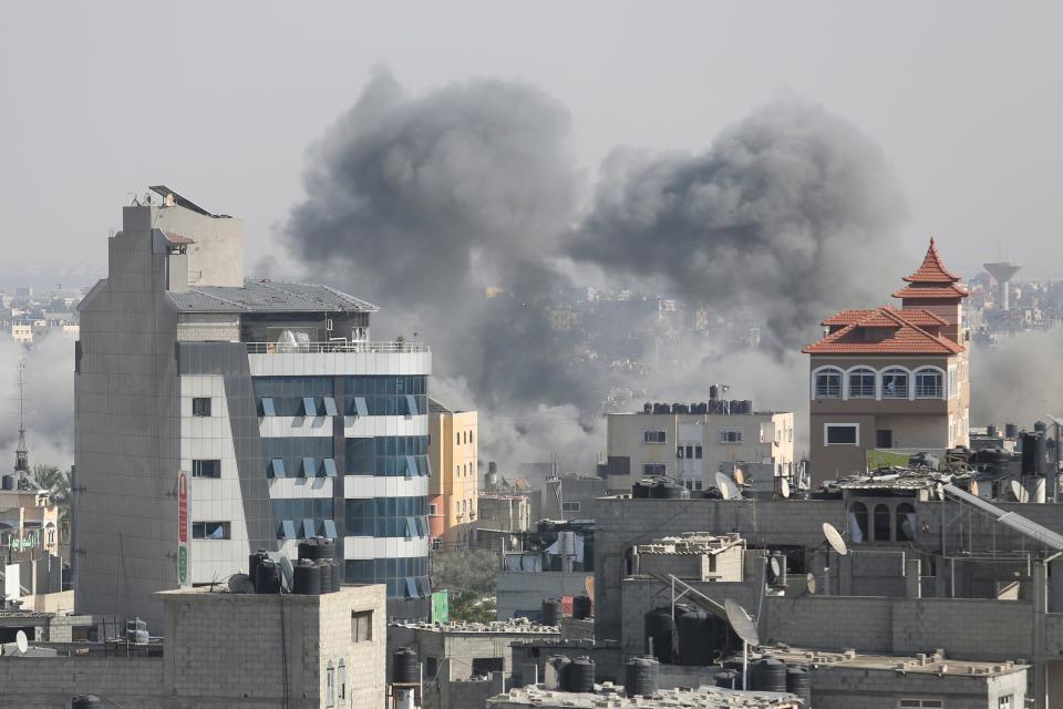 Smoke rises after an Israeli airstrike on the Gaza Strip in Rafah, Wednesday, Oct. 25, 2023.