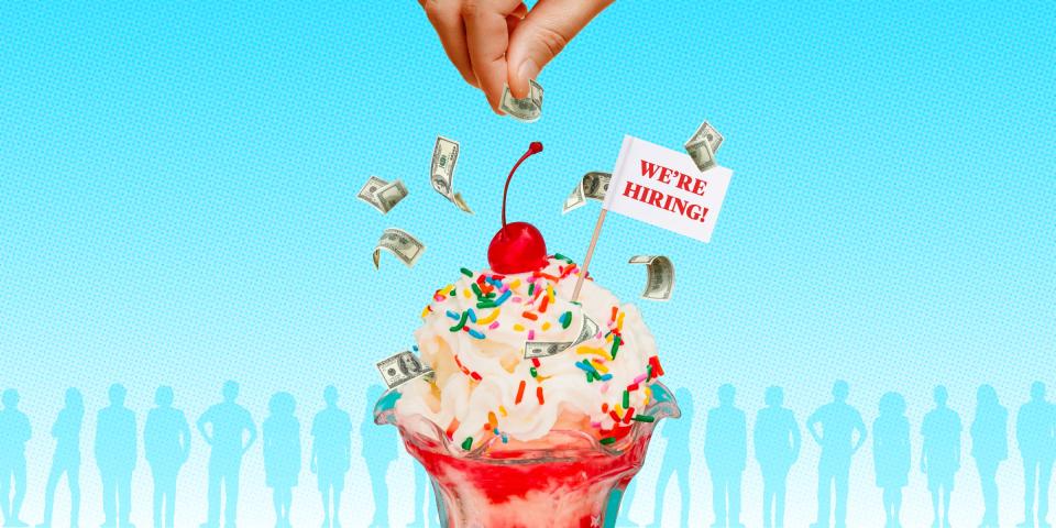 hand sprinkling tiny dollar bills onto ice cream against a blue background with faint silhouettes of people standing in line at the bottom