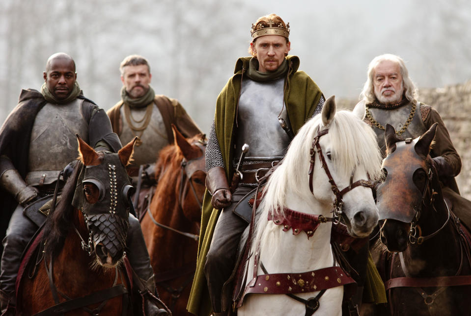 L to R: Paterson Joseph as Duke of York, Richard Clothier as Salisbury, Tom Hiddleston as Henry V, James Laurenson as Westmoreland in The Hollow Crown