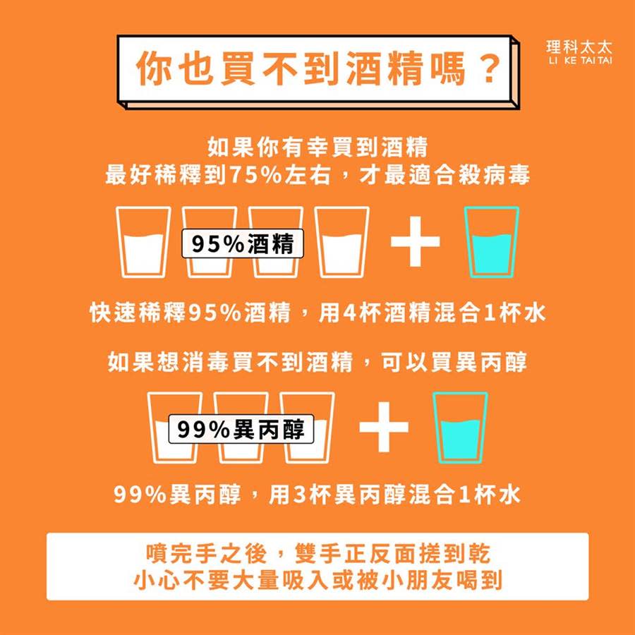 理科太太也提醒工業級異丙醇可能製作過程裡面有殘留，所以無法達到試藥級的安全效果，她個人不會拿來噴在身上。（圖／翻攝自理科太太臉書）