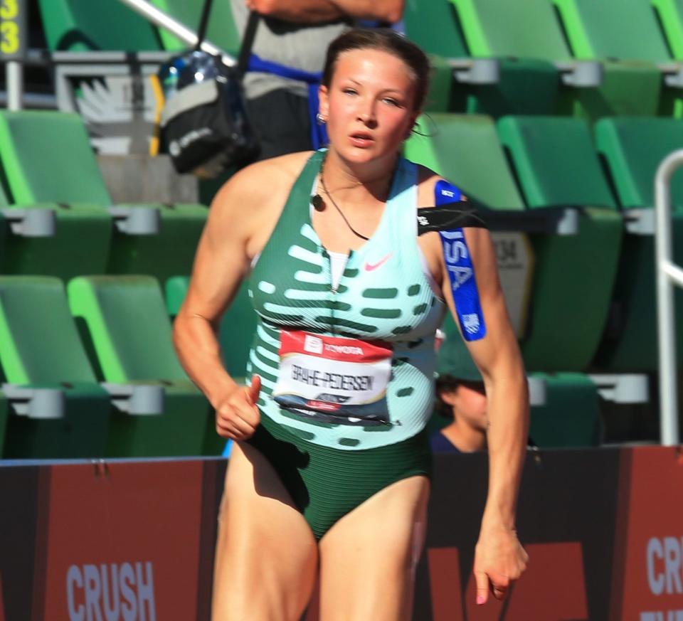 Mia Brahe-Pedersen squeezes into the 8th spot into the women's 200 meter finals on the final day of the US Track and Field Outdoor Championships Sunday, July 9, 2023.